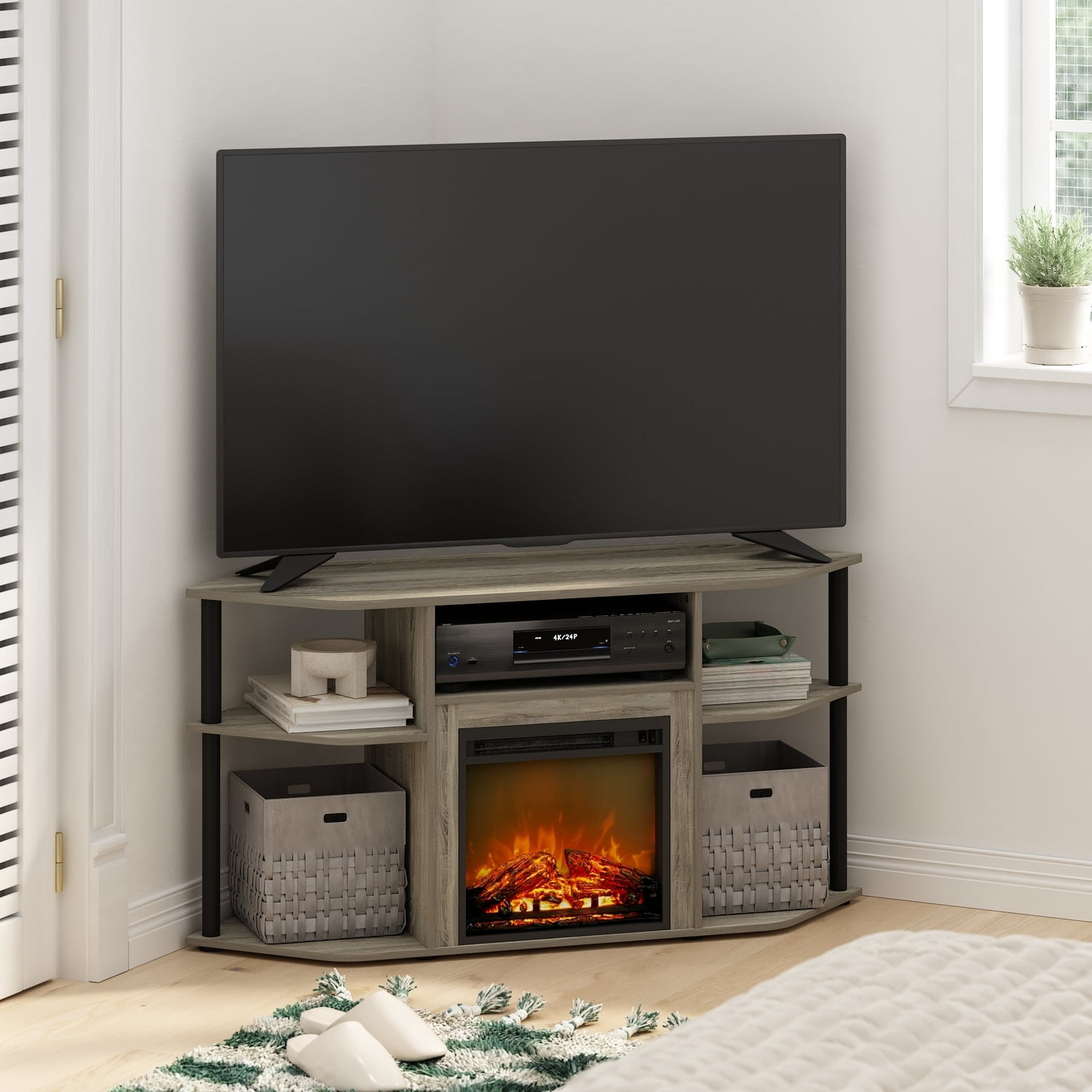 Corner TV Entertainment Center with Fireplace - Open Storage, 55 Inch TV Stand, Modern Design