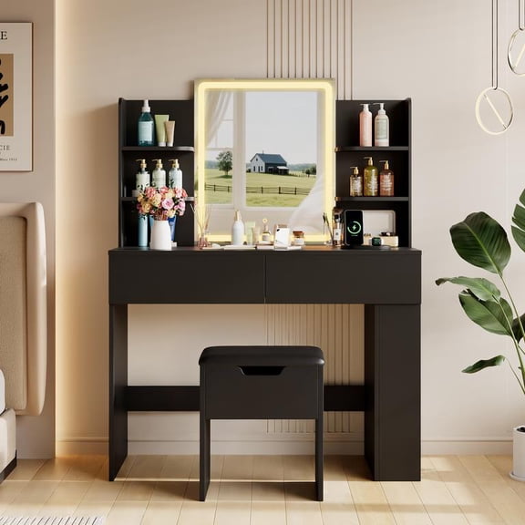 Lacoo Makeup Vanity Set with Lighted Mirror & Storage Stool, 3 Color Dimmable LED Dressing Table with Drawers & Shelves for Bedroom, Black