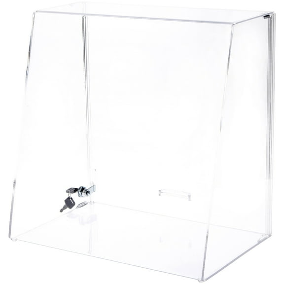 Plymor Clear Acrylic Locking Display Case with Slanted Front and Sliding Back, No Shelves, 16" H x 16" W x 10" D