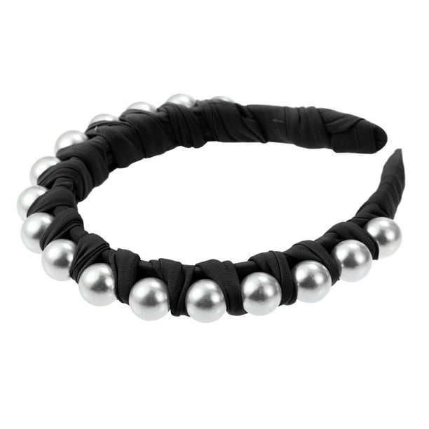 diadema con cinta trenzada de perlas sintéticas, diadema de moda para mujer, negro, 0,79 pulgadas de ancho