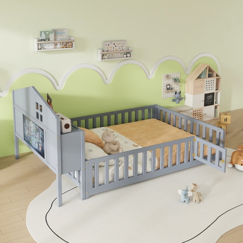 Bellemave Full Size Montessori Bed with Bookcase,Wooden Floor Bed with Fence Rails and Door, Full Playhouse Beds with Storage Headboards, No Box Spring Needed (Gray)