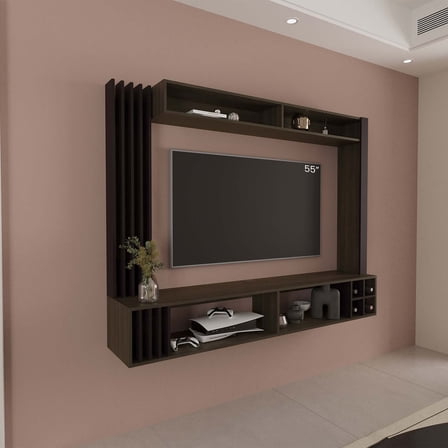 DEPOT E-SHOP Alto Entertainment Center, 8 Shelves, Dark Walnut/Black Wengue