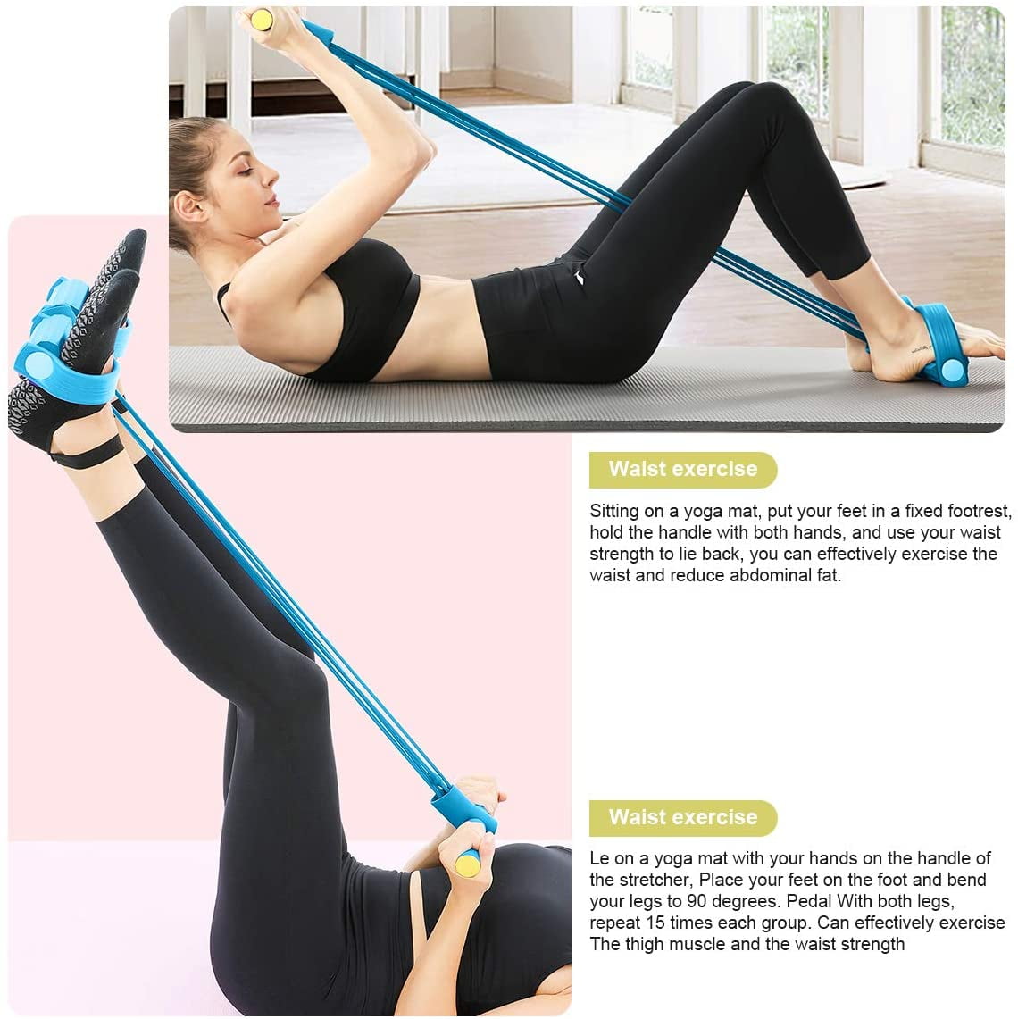 Pedal Resistance Band with Handle Kit: Sportneer 4-Tube Natural Latex Yoga Pedal Pull Rope Fitness Equipment Waist Multifunction Tension Rope for Abdomen Yoga Stretching Slimming Train Arm 