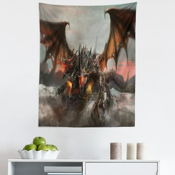Gothic Tapestry, Illustration of 3 Headed Breathing Dragon Large Monster Gothic Theme, Fabric Wall Hanging Decor for Bedroom Living Room Dorm, 5 Sizes, Brown Grey, by Ambesonne