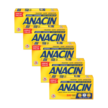 Anacin Fast Pain Relief, Aspirin + Caffeine Pain Reliever, Regular Strength, 300 ct (Pack - 5)