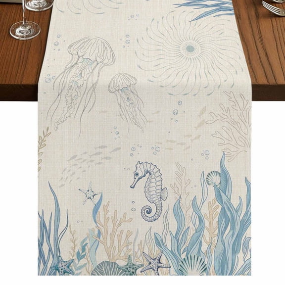 Table Runners 60 Inches Long Dress Scarves, Blue Seahorse Coastal Farmhouse Kitchen/Dining Table Runner, Small Coffee Tablerunners, Summer Beach Nautical Ocean Coral Vintage 13x60 Inch