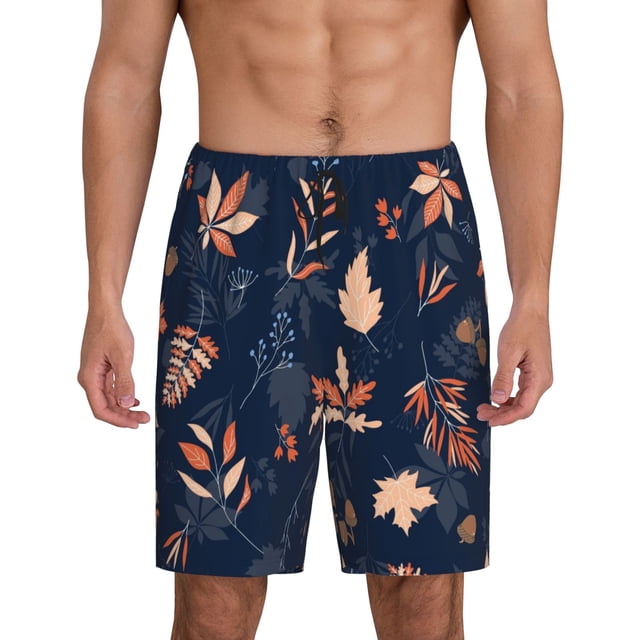 Balery Autumn Leaves With Blue Pantalones cortos de pijama de punto de algodón para hombre con cinturilla y bolsillos-Medium