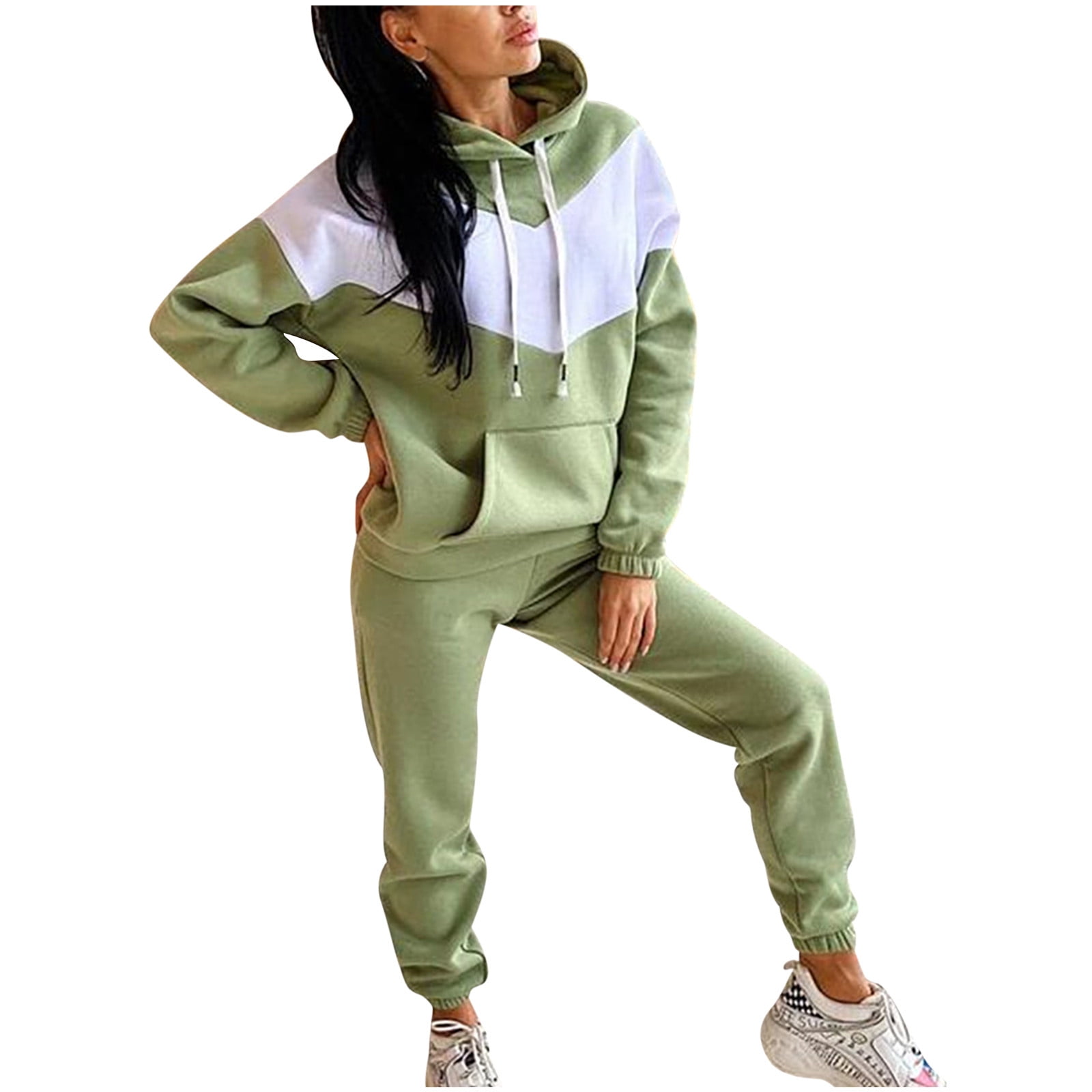 RQYYD Women's Jogging Suits Sets Hoodies Tracksuit Long Sleeve Drawstring  Sweatshirts and Sweatpant 2 Piece Color Block Sport Pullover Sweatsuit  Green S 