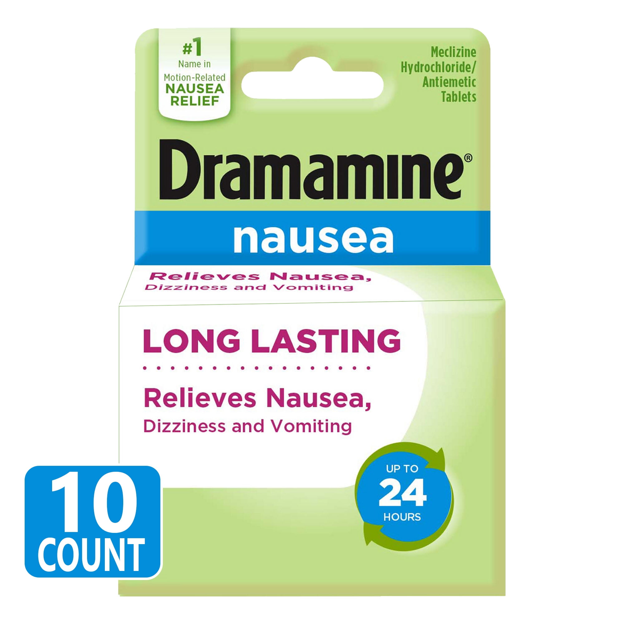 Dramamine Nausea Relief, Long Lasting Relief Tablets, 10 Count