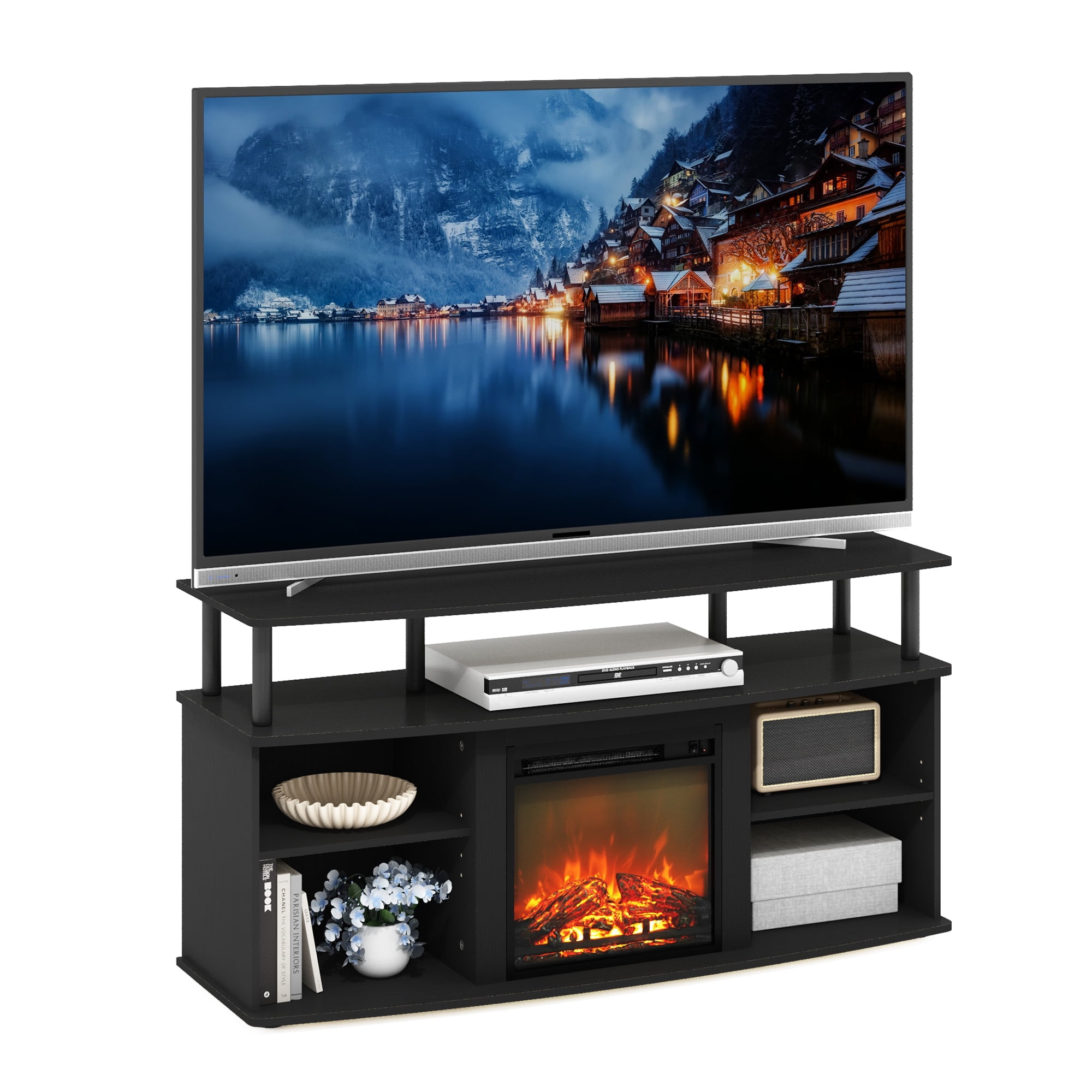Furinno Jensen Open Shelving Storage Fireplace Entertainment Center for TV up to 55 Inch, Americano/Black