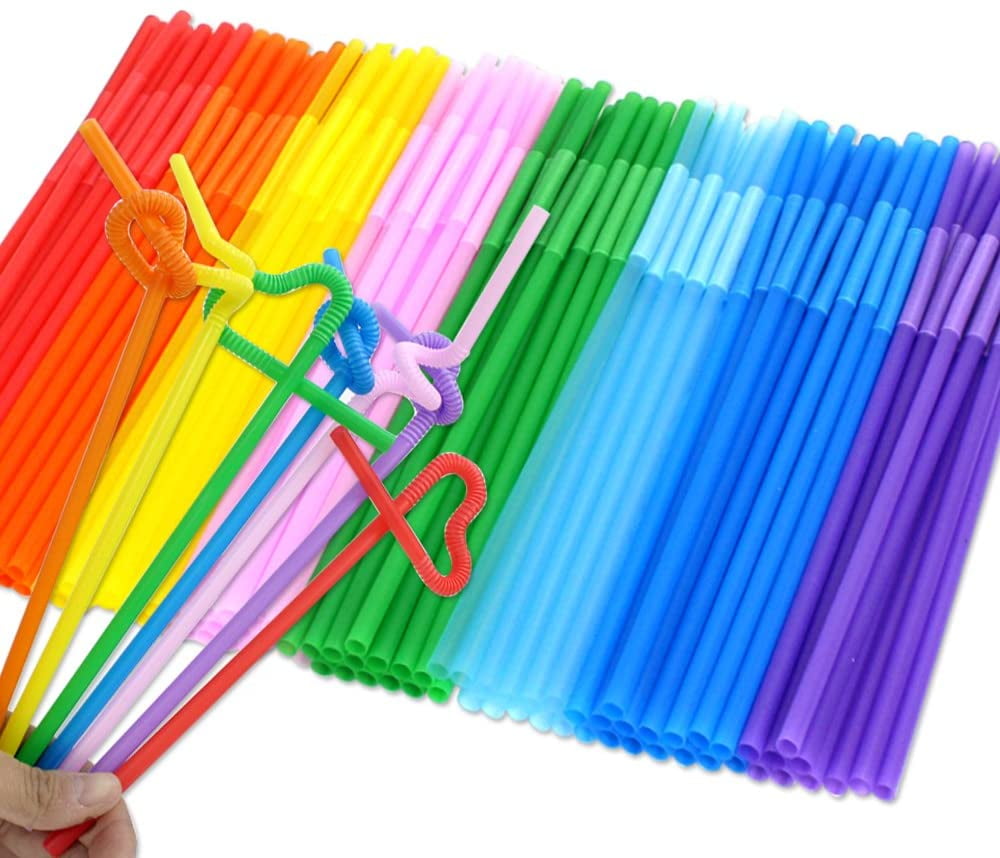 BPA-Free 10.2 Long and 0.23 Diameter 100 Pcs Colorful Flexible Plastic Straws Disposable Bendy Straws 