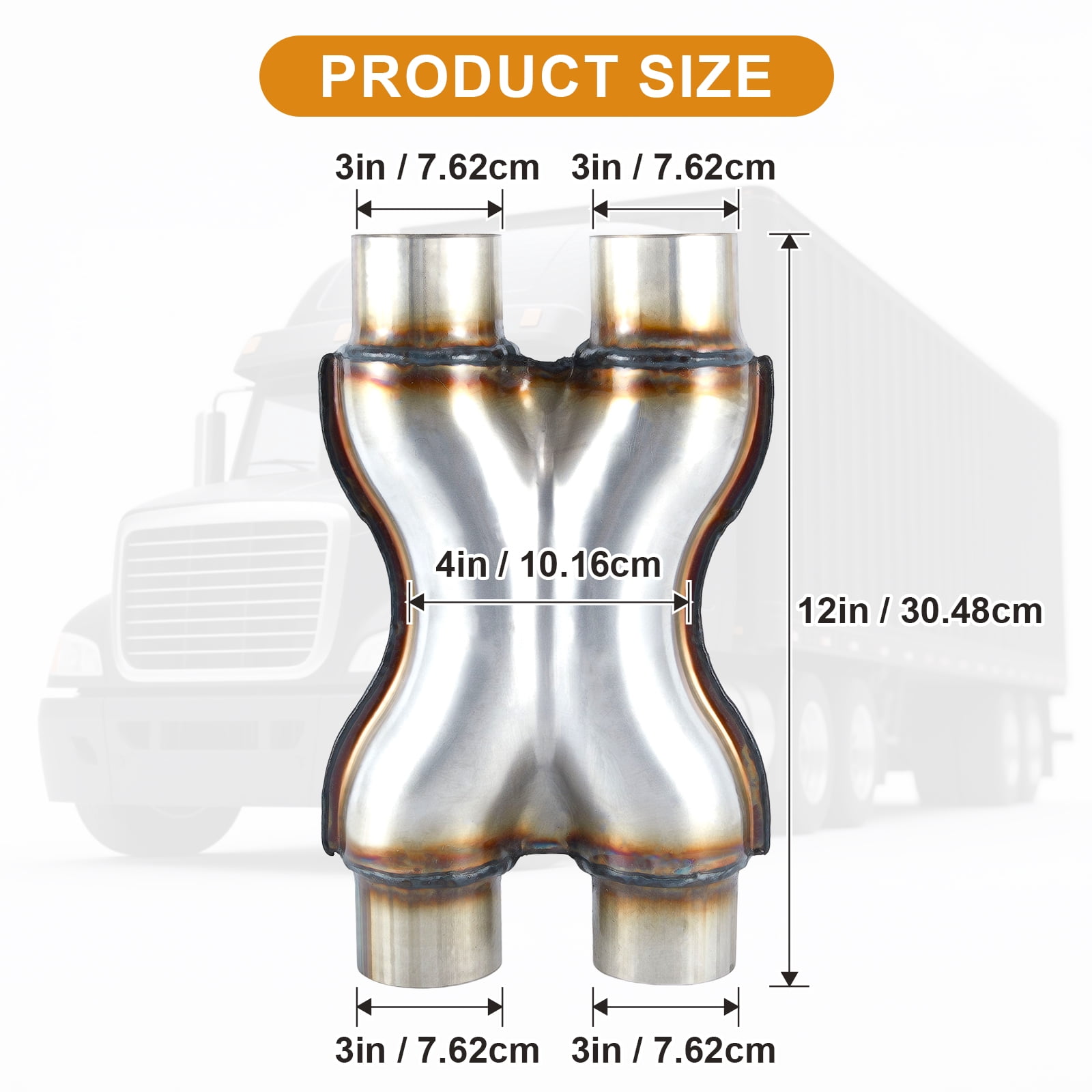 Exhaust X Pipe, Universal 3" Dual Inlet/Outlet Stainless Steel Crossover X Pipe 12" Long