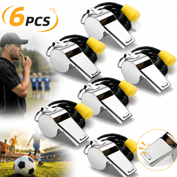 Ustris 6 Pcs Stainless Steel Sports Whistles with Lanyard, Loud Crisp Sound Whistles Bulk Great for Coaches, Referees, and Officials