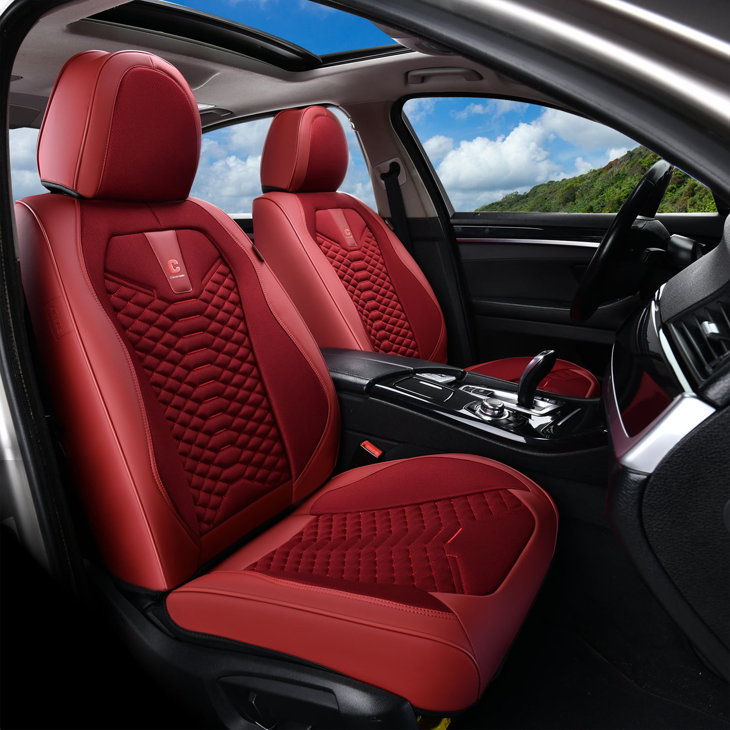 Coverado Red Car Seat Covers Full Set, 5 Seats Leather&Fabric Front and Back Auto Protectors, Breathable Interior Cushions Universal Fit Most Sedans SUV Pickup Trucks