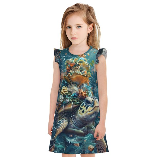 Balery Colorful Plant Turtle Camisón de princesa para niñas, pijama de algodón con mangas abullonadas, suave y bonito.-Medium