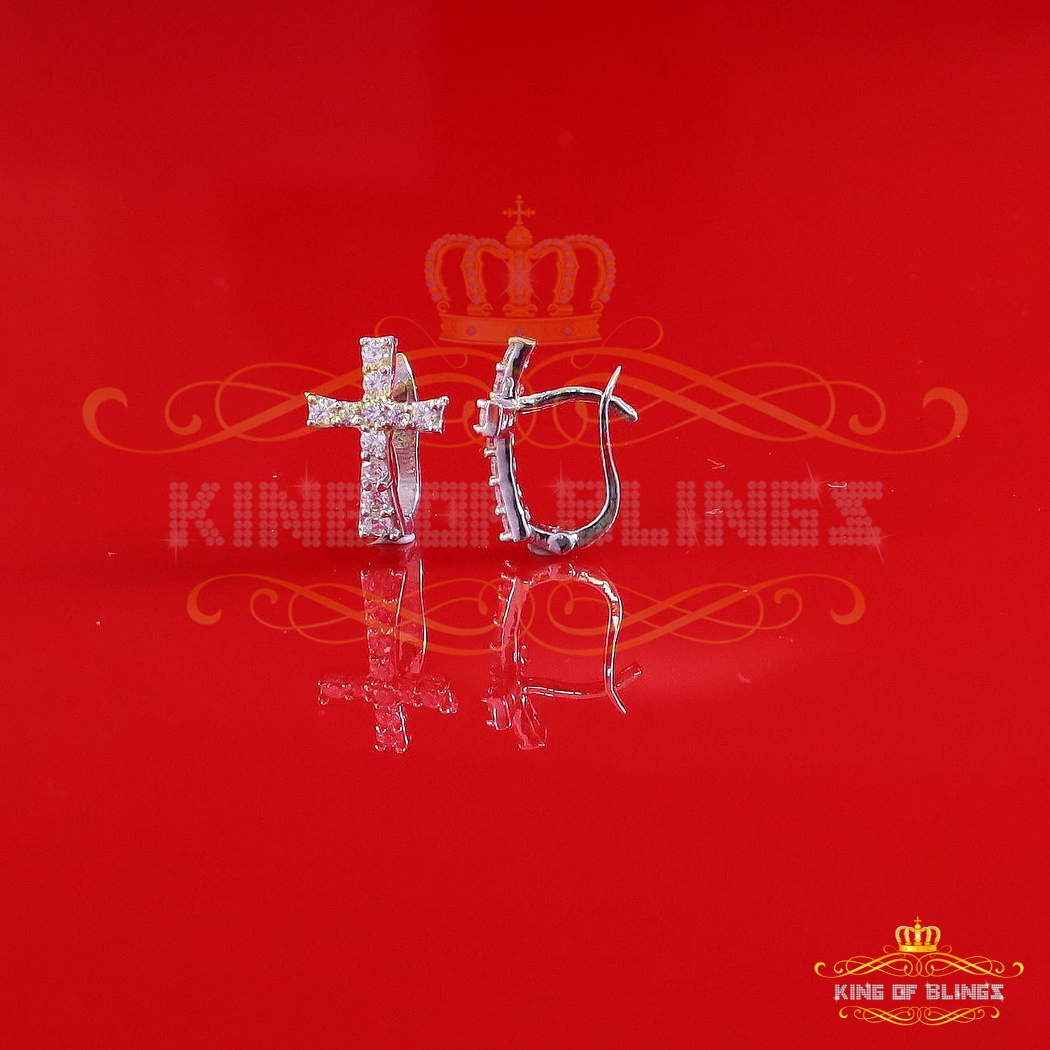 King of Bling's 925 Silver Round Shape White Hip Hop Cross Stud Earrings 22 Moissanite Men/Women
