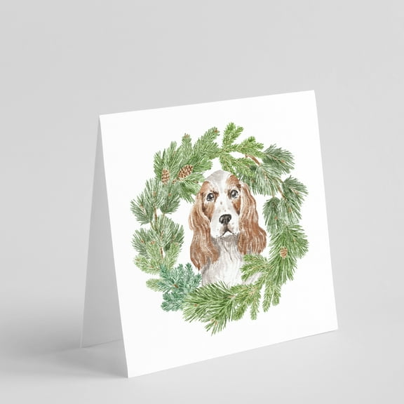 Cocker Spaniel Red and White with Christmas Wreath Square Greeting Cards and Envelopes Pack of 8 5 in x 5 in