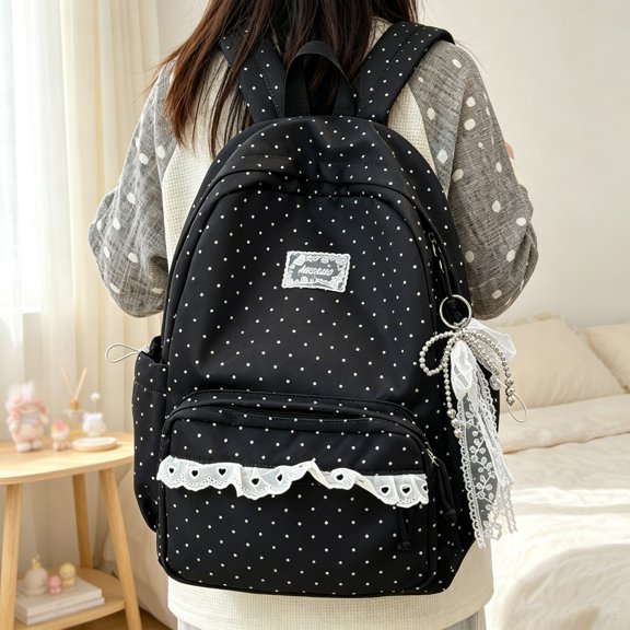 Black Polka Dot Backpack Bow Backpack - Coquette Back Pack with Lace Trim & Plush Charm, Kawaii Casual Daypack for Classes travel Coquette Backpack Lace Backpack