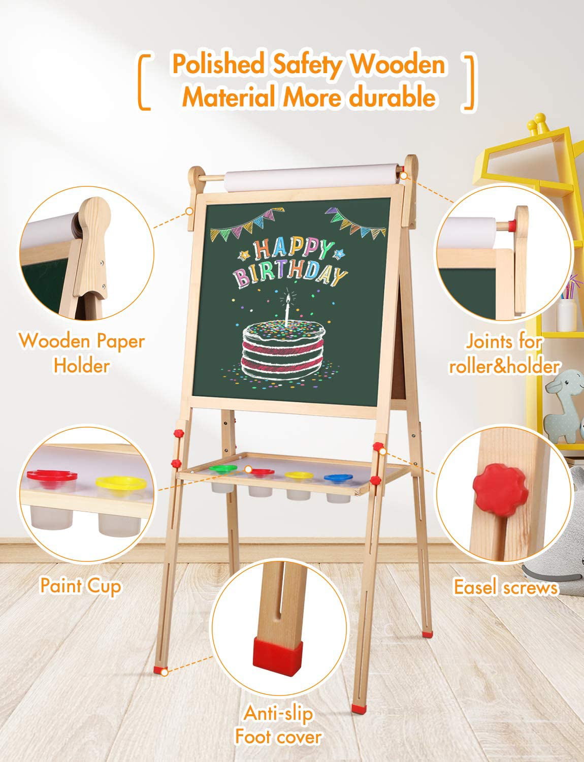 Double Sided Whiteboard Chalkboard Children Easel,Adjustable Height Magnetic Dry Easel Drawing with Kids Art Easel Playset for Boys Girls Gifts YOHOOLYO Kids Wooden Art Easel with Paper Roll