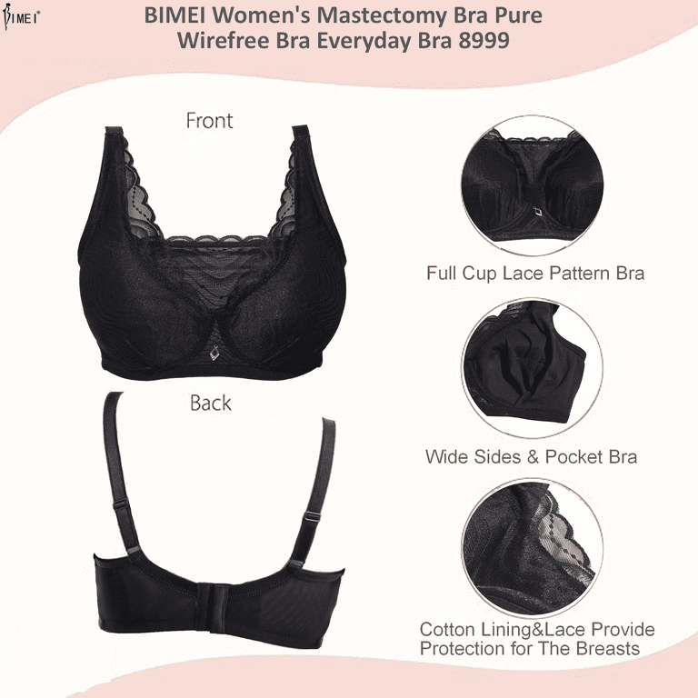 BIMEI Mastectomy Bra with Pockets for Breast Prosthesis Women's Full  Coverage Wirefree Everyday Bra 8999,Black,36B