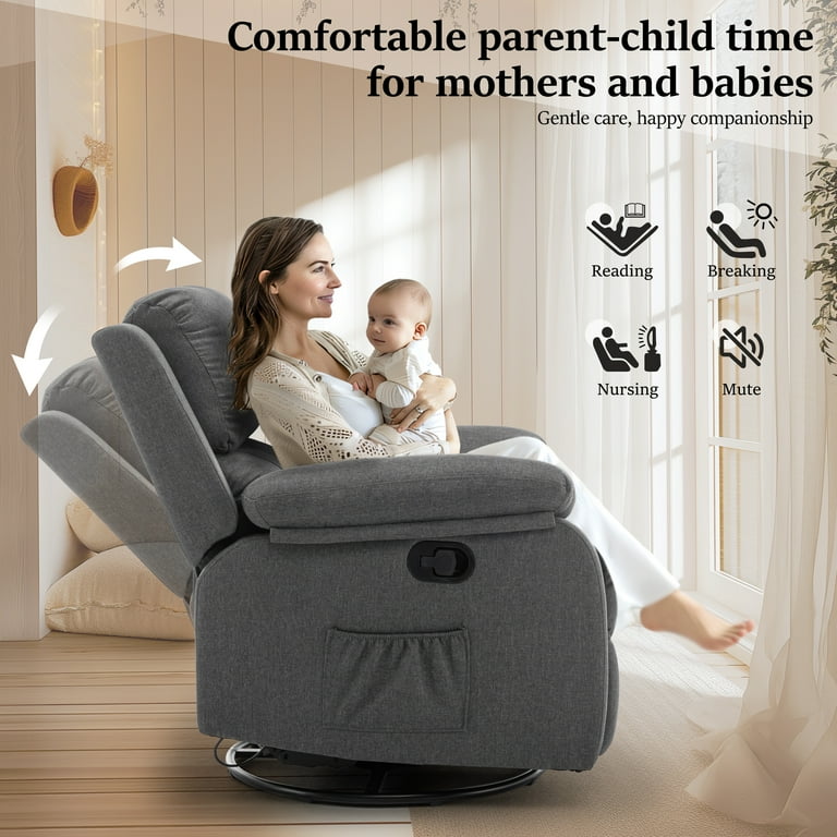 YSICK Recliner Chair 360 Swivel Rocker Chair for Adults Small Rocking Recliner Chair for Small Spaces Upholstered Fabric Recliner Nursery Chair with Side Pockets for Living Room Nursery Grey Walmart.c...