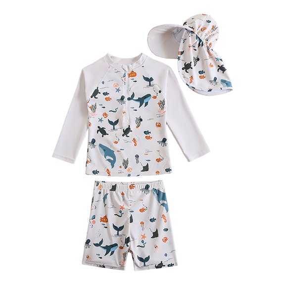 ZHAGHMIN Toddler Boys 3 Piece Long Sleeve Swimsuit Set Cartoon Print Rash Guard Swim Shirt with Shorts and Hat UPF 50 Fast Drying Beach Pool 1T 2T 3T 4T