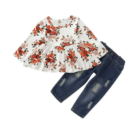 

KI-8jcuD Girl Clothes 3-6 Months Toddler Kids Girls Outfit Floral Prints Long Sleeves Tops Jeans Pants 2Pcs Set Outfits Girls Size 7 Outfits Crop Top And Skirt Set For Teens Baby Bouquet Made