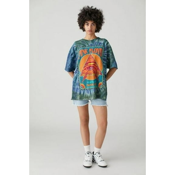 Urban Outfitters Women's X Pink Floyd Pyramid Blue Tie Dye Oversized Tee T-Shirt (Small/Medium, Blue/Green Tie Dye)