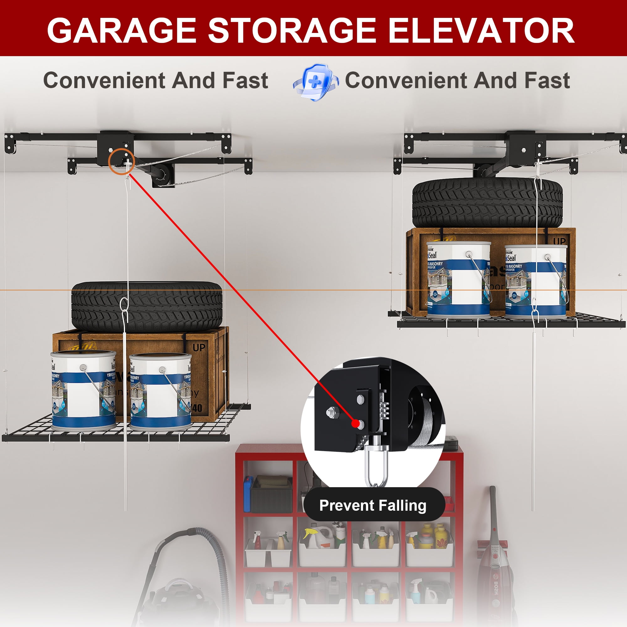 Aukfa 4x4 ft Ceiling Mounted Garage Storage Rack with Crank-Down System, 250 lbs Heavy Duty Overhead Storage Lift for Tires & Tools, Black