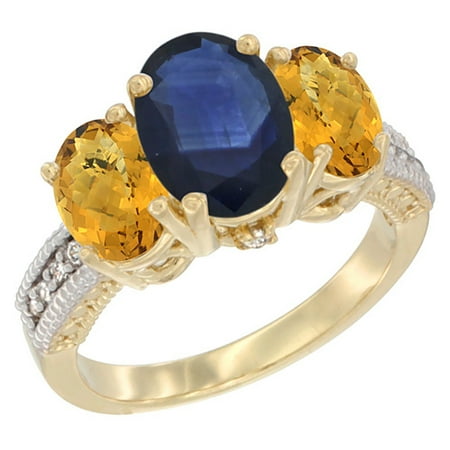Natural Blue Sapphire Ring - 14K Yellow Gold Diamond Natural Blue Sapphire Ring 3-Stone Oval 8x6mm with Whisky Quartz, size 8