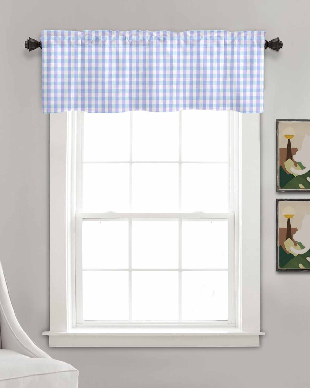 Blue Grid Kitchen Valances for Windows Farmhouse Linen Window Valance Curtain for Living Room Window Treatment Checkered Plaid Gingham Lattice Trellis Print Valance Rod Pocket Topper, 54 x 18 Inch