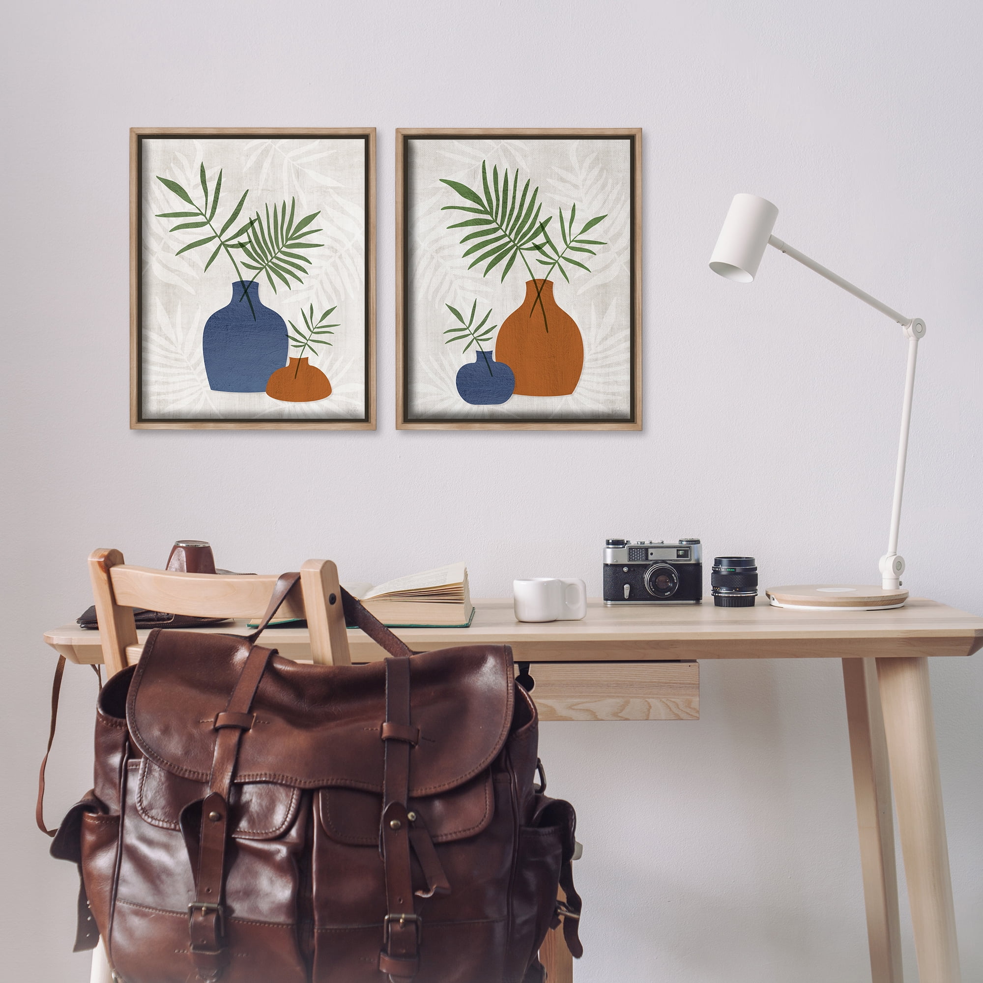 Stupell Industries Midcentury Palm Vases Plants & Flowers Painting Brown Floater Framed Canvas Art Print Wall Art, 17 x 21, Set of 2