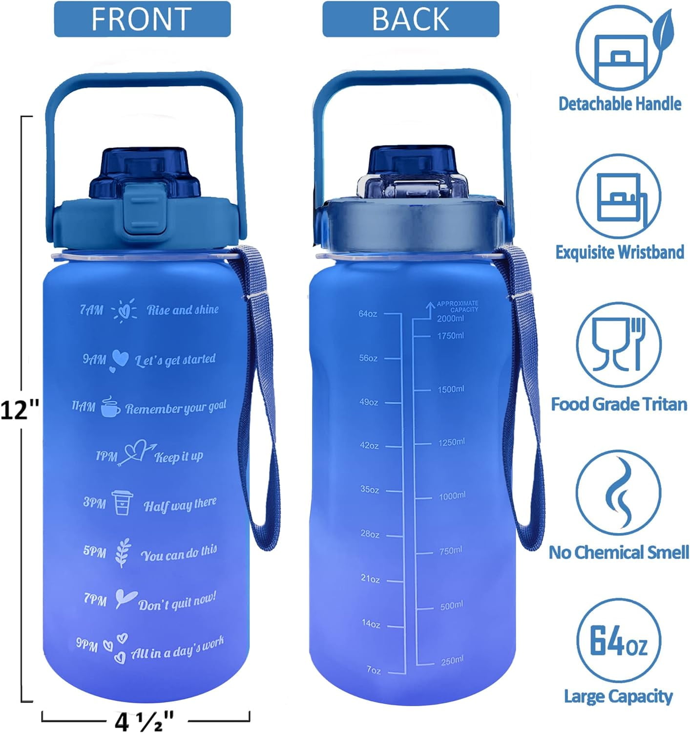Half Gallon Water Bottle with Sleeve Water Bottle 64 Oz Water Bottle with Time Marker, 1/2 Gallon Water Bottles Half Gallon Water Bottle with Straw and Gym Yoga 1/2 Gallon Water Jug for Women Starsky
