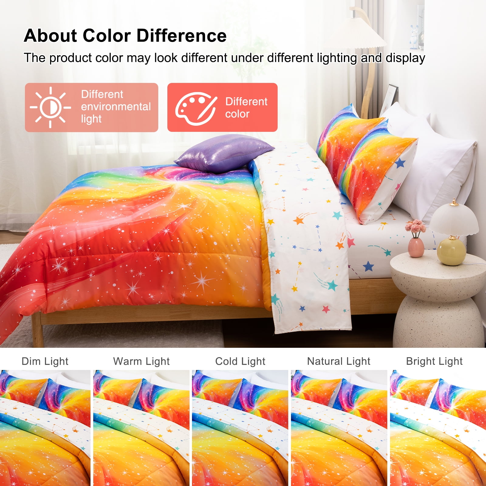 Btargot 6 Piece Galaxy Girl Comforter Set Twin Colorful Gradient Glitter Rainbow Bedding Set