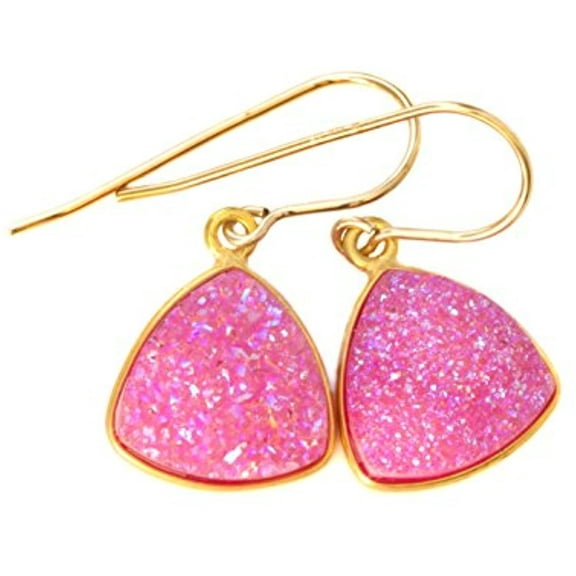 14k Gold Filled Pink Drusy Earrings Triangle Cut Dainty Druzy Dangle Drops Goldtone Bezel Setting Designed for Adult Women
