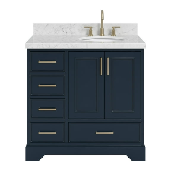 Ariel Stafford 37 Inch Single Right Offset Oval Sink Vanity With Carrara White Marble Countertop W/1.5" Edge In Midnight Blue