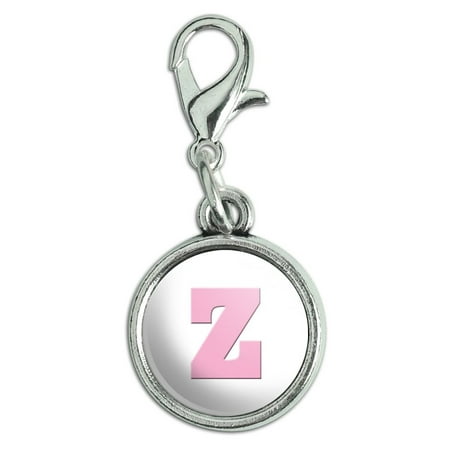 Letter Z Initial Baby Girl Block Font Pink Shower Antiqued Bracelet Pendant Zipper Pull Charm with Lobster Clasp