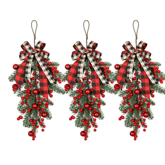 Set of 3 Pre-Lit Mini Christmas Wreaths,Red Berries Bow Christmas Decoration