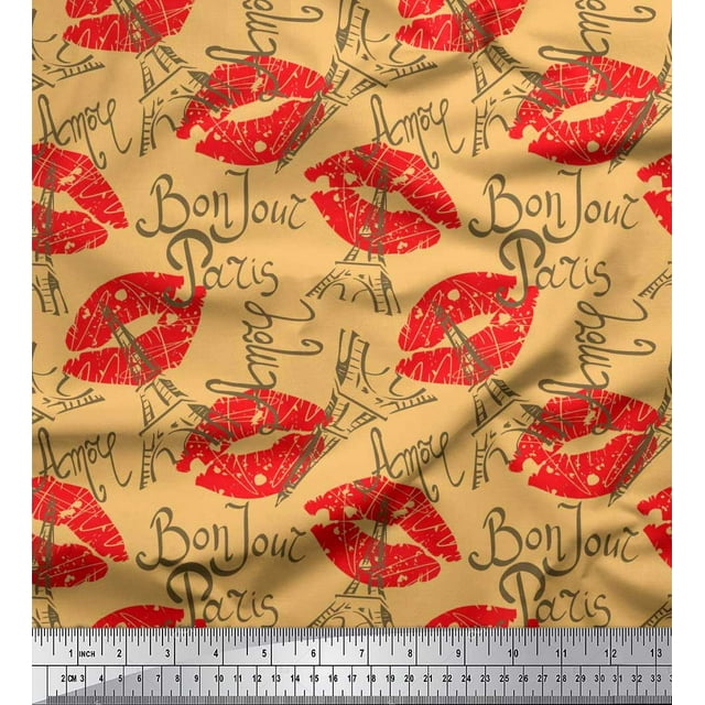 Soimoi Orange Poly Georgette Fabric Text,Eiffel Tower & Lips Women Printed Craft Fabric by the Yard 52 Inch Wide