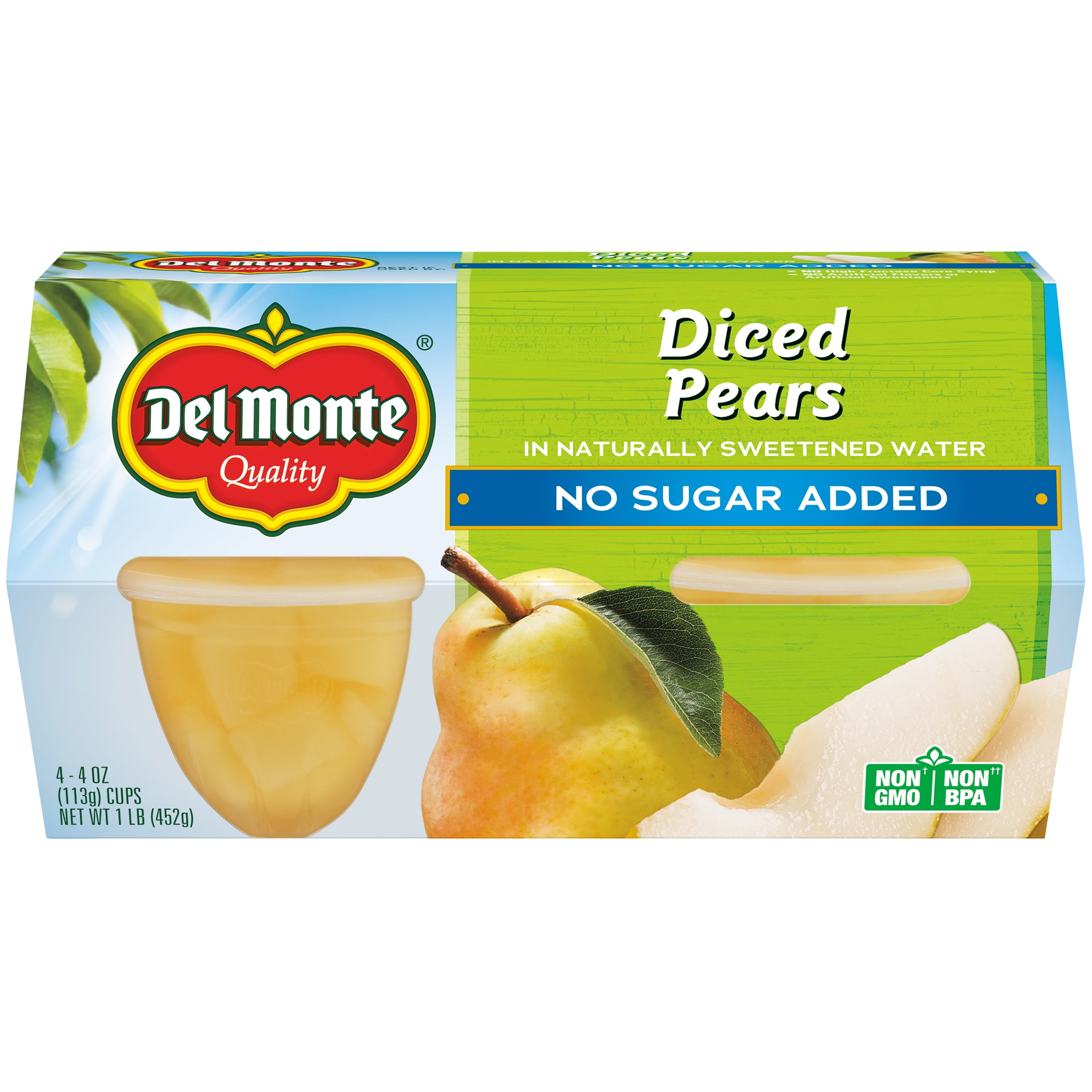 (4 Cups) Del Monte Fruit Cups Diced Pears No Sugar Added, 4 oz. Cups