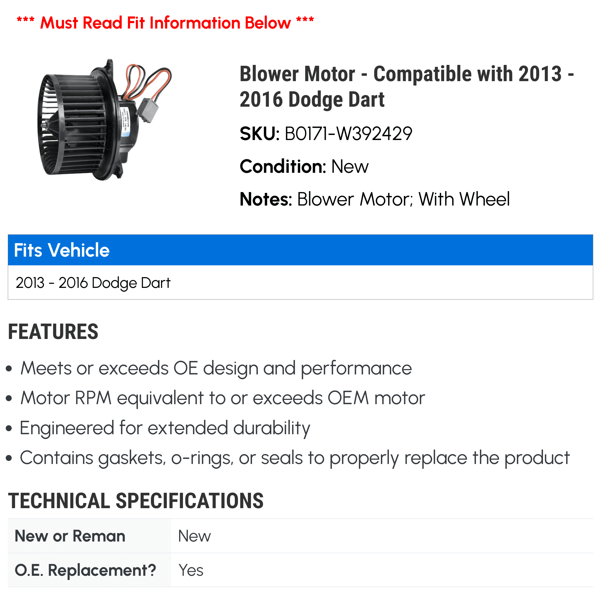 Blower Motor - Compatible with 2013 - 2016 Dodge Dart 2014 2015
