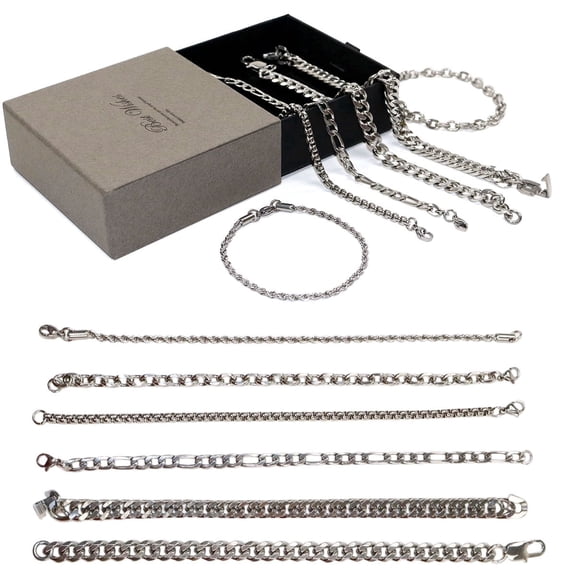 Stainless Steel Bracelet Set for Men & Women, 6PCS Cuban Link Rope Paperclip Chain Bracelets, Adjustable 7.5"/8.3"/9" Jewelry Set