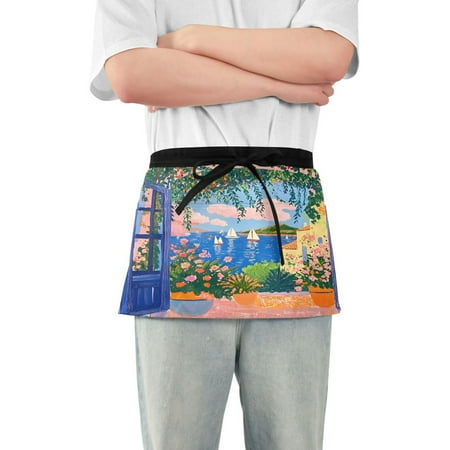 

Yayeee Waist Apron with Pockets for Cooking Waterproof Half Server Aprons Blue Window