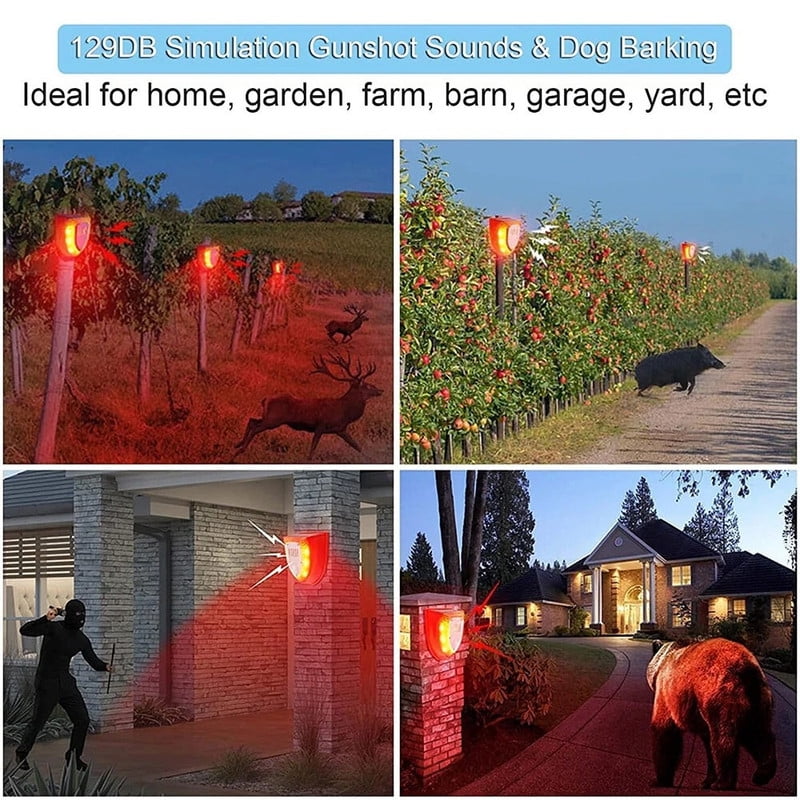 Solar Alarm Motion Detector with Sound Outdoor Motion Sensor 129db Barking Dog Strobe Light Gunshot Sound Alarm Detector Noise Maker Warning Lamp for Home Villa Yard Farm