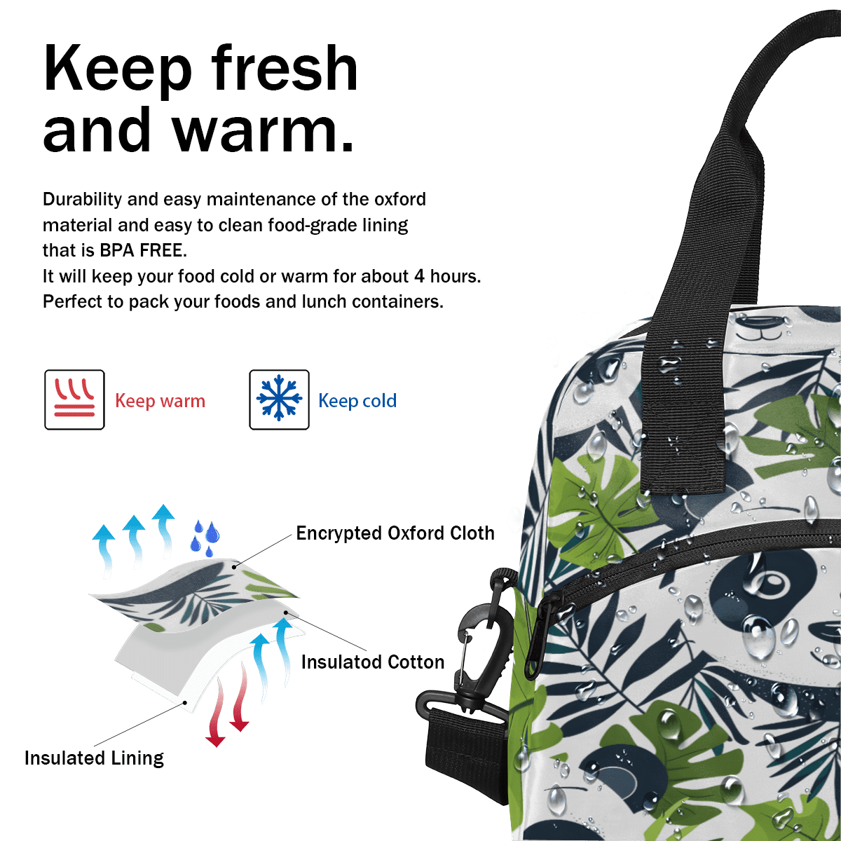 Herdesigns Cute Panda Insulated Lunch Bag for Women Men Adults Large Reusable Lunch Box Green Leaves Leakproof Cooler Tote Bags with Adjustable Shoulder Strap