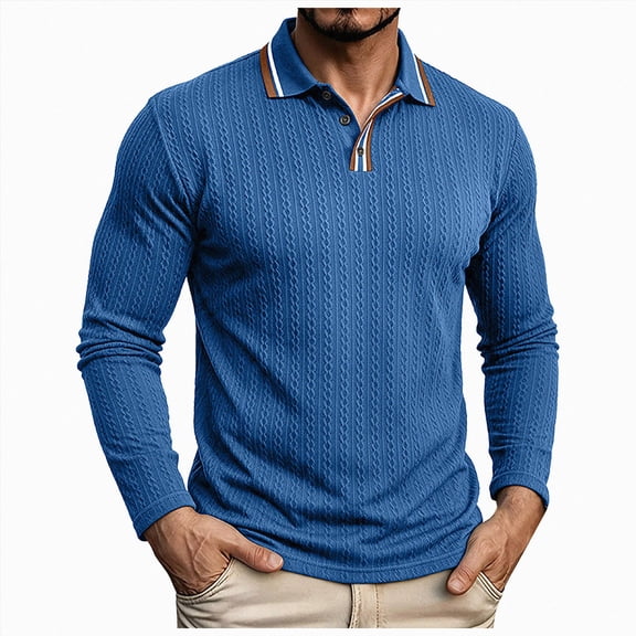 GEWSEY Mens Polo Shirt Long Sleeve Casual Button Dress Knit Golf Polo Shirt (Blue, M)