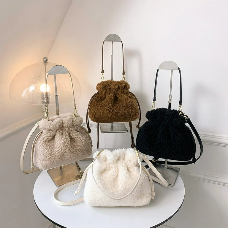 Municipal Women Furry Bucket Bag Soft Plush Shoulder Bag Drawstring Faux Fur Tote Bag Female Casual Crossbody Bags Shopper Handbags