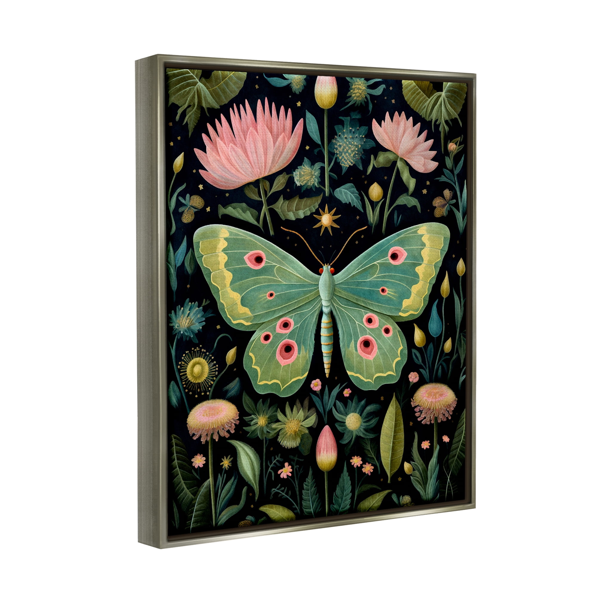 Stupell Industries Moth with Nature Botanicals Animals & Insects Painting Gray Floater Framed Canvas Art Print Wall Art, 25 x 31