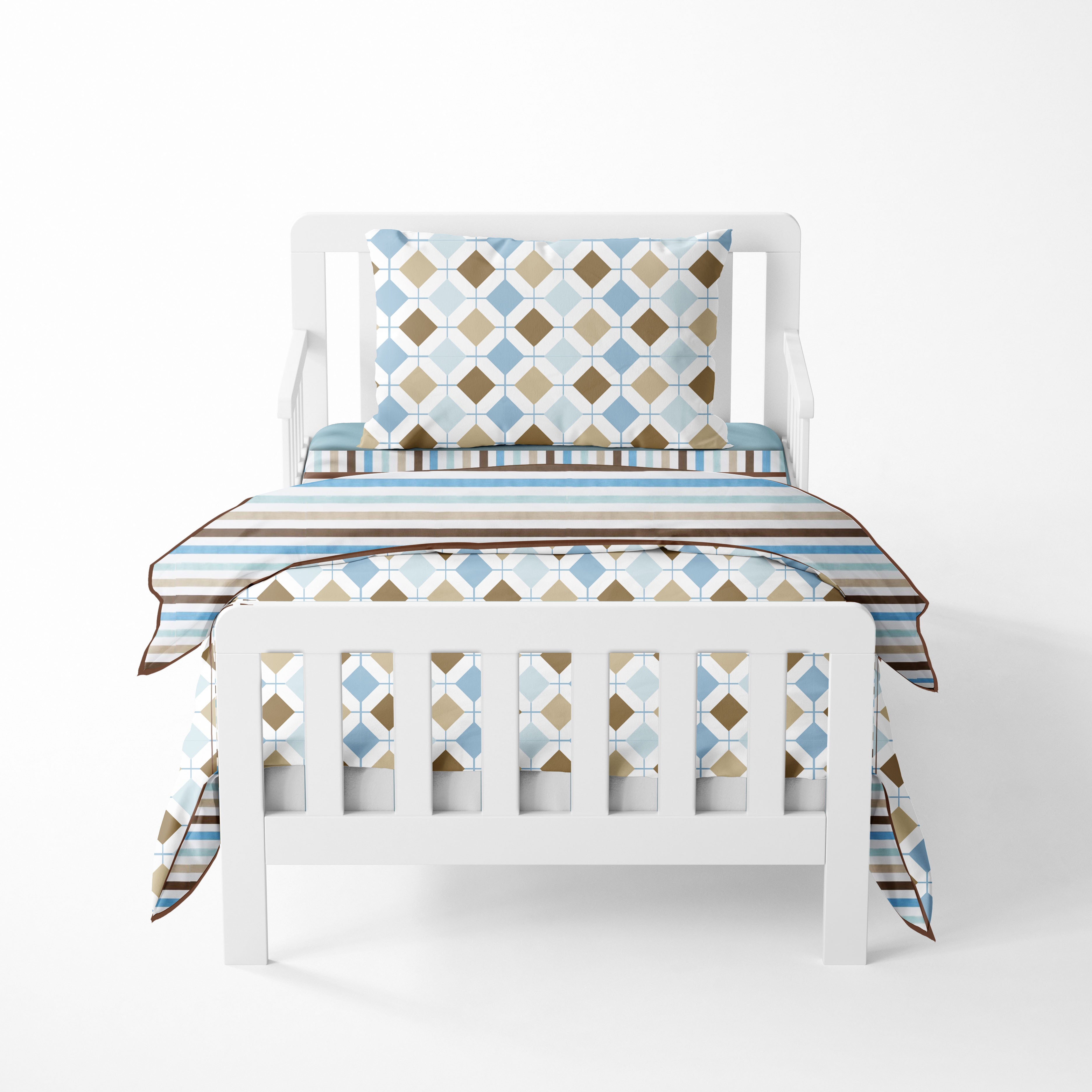 Bacati - Boys 4 pc Toddler Bedding/3 pc Sheet Set 100% Cotton Percale, Mod Diamonds Stripes, Aqua/Teal/Beige/Brown