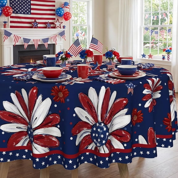 4th of July Tablecloth 70 Inch Round, Patriotic Memorial Day Print Flowers Decorations for Home Table Cloth, Independence Day Blue Seasonal Decor Tablecloths Polyester for Picnic Party Supplies